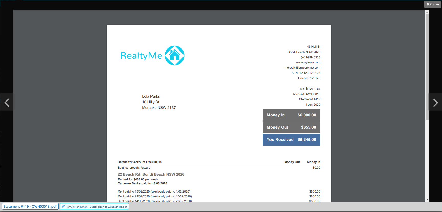 Screenshot – Statement & Attachments